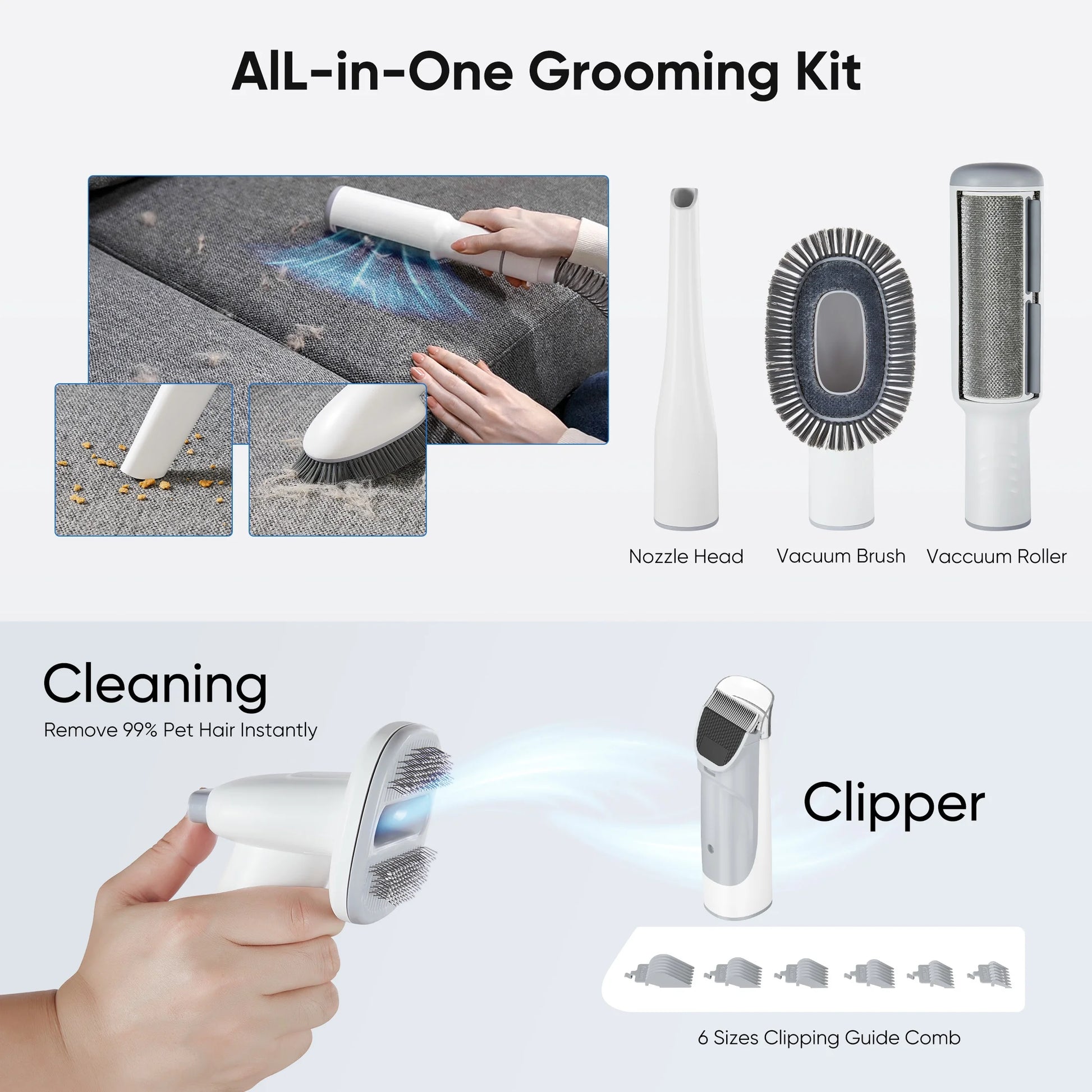 Dog Grooming Kit, 2.5L Pet Hair Grooming Vacuum, 5-In-1 Electric Clippers Cleaning Sets for Dog/Cat/Other Animals, Gray